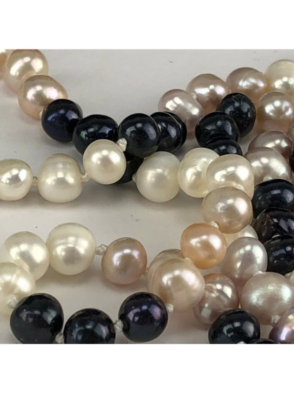 Tri-Color Extra Long 50" Pearl Necklace Pink White & Pewter - Picture 5 of 6